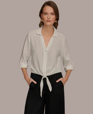 Women's Linen Button-Front Tie Blouse