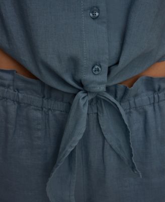 Women's Linen Roll Tab Sleeve Button Front Tie Blouse