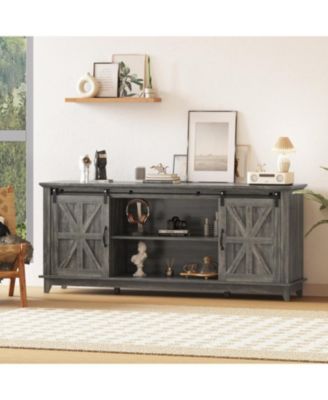 66" Wood Power-Outlet Sliding-Barn-Door Adjustable-Shelf Sideboard Buffet Cabinet