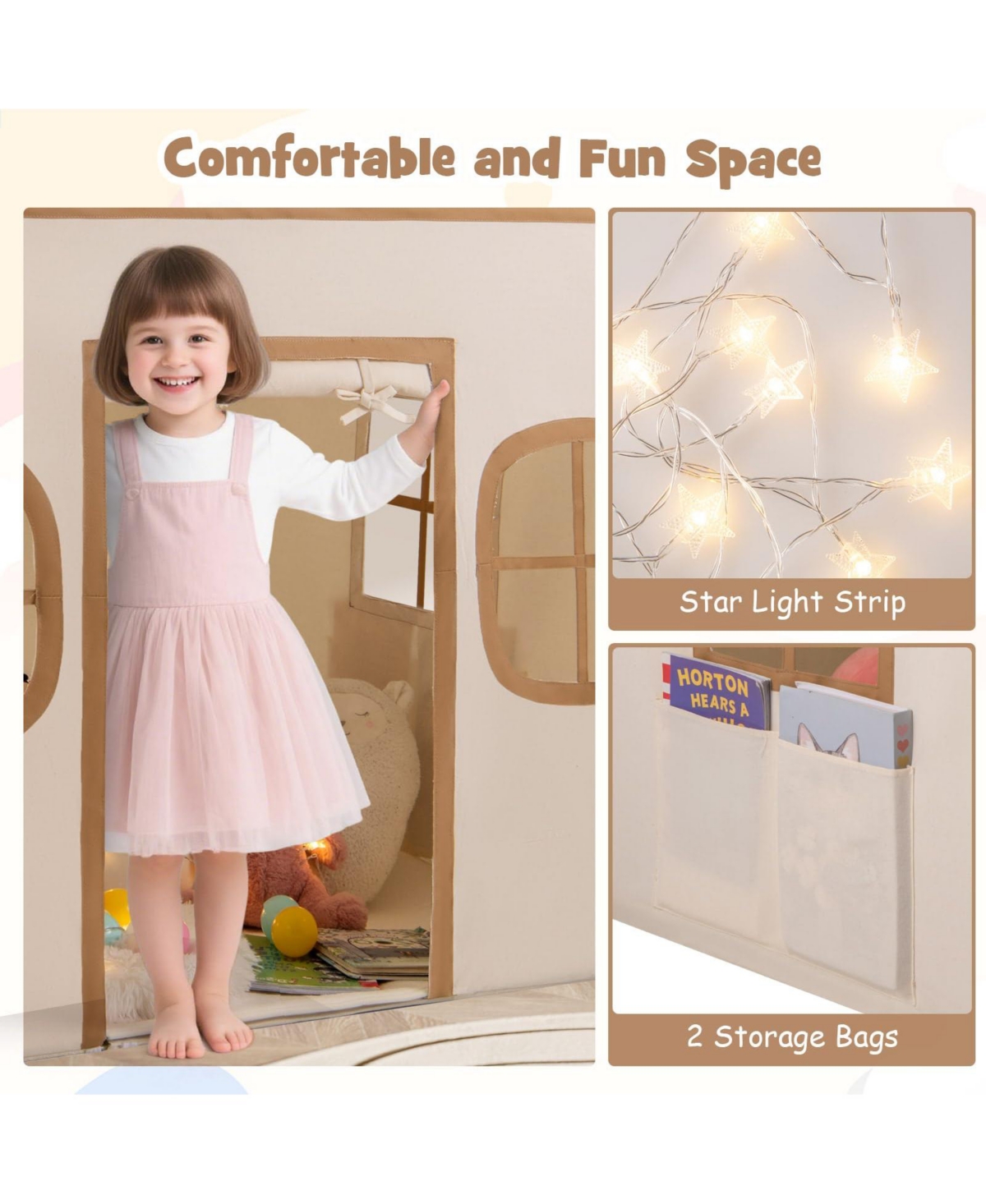 Mecale Large Kids Play Tent Playhouse with Door Curtain, Windows, and Star Lights