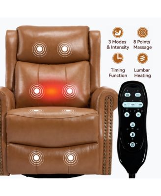 Heat Massage Manual Recliner Chair with Rocker and Swivel in Genuine Leather for Living Room