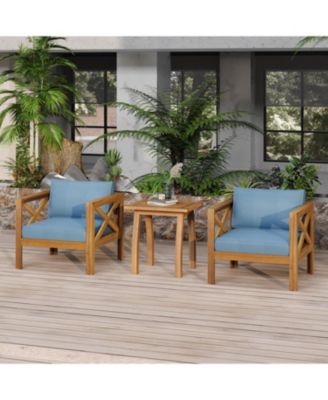 2 Piece Outdoor Acacia Wood Conversation Set with Armchairs Cushions Teak Finish End Table for Backyard Patio Poolside