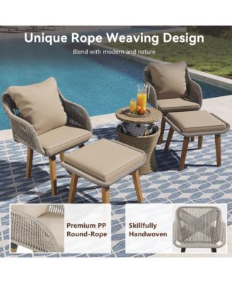 5 Piece Brown Patio Conversation Set with Rope Weaving Chairs Cool Bar Table Ottomans for Porch Poolside