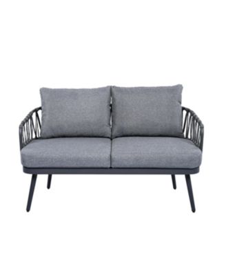 4 Piece Outdoor Patio Conversation Set with Metal Rope Backrest Chairs Coffee Table Thick Cushions  for Garden Poolside