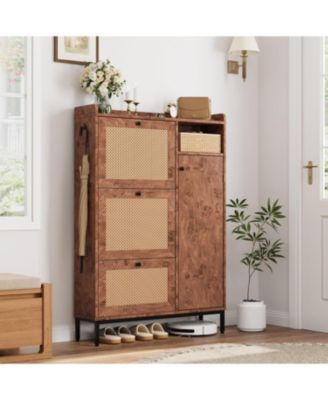 Shoe Cabinet Rattan with 3 Flip Drawers and 4-Tier Shoe Storage Cabinet, Freestanding Shoe Organizer with Adjustable Shelves for Entryway