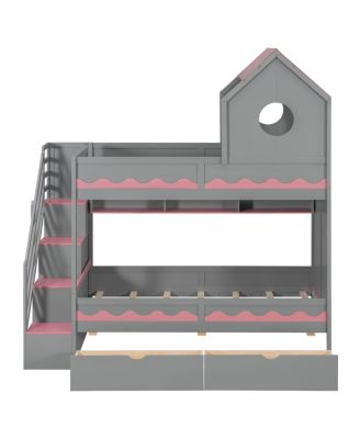 Bed House and Drawer, Staircase, LED, Twin Over Twin