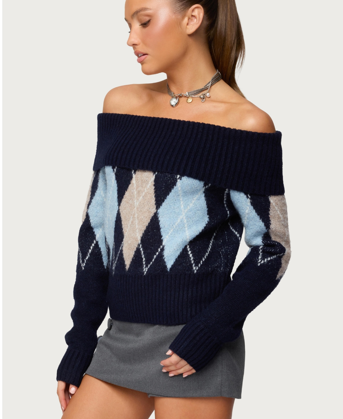 Edikted Women's Jakarie Argyle Foldover Sweater