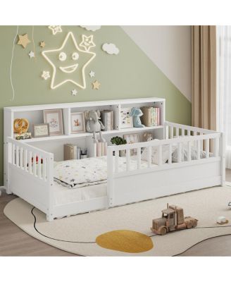 Wooden Fence Guardrail and Storage Floor Bed, Twin Size