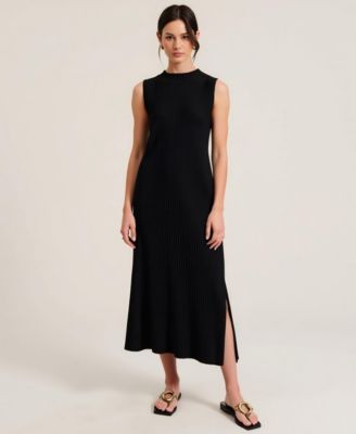 Women's Sleeveless Ribbed Knit Crewneck Side Slit Midi Dress