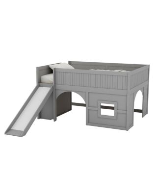 Full Size Wooden Low Loft Bed with Storage, Slide, Door, Window