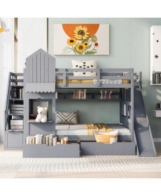 Full-Over-Full Castle Bunk Bed w/ Drawers, Shelves & Slide