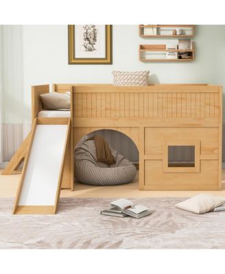 Streamdale Full Size Wooden Low Loft Bed with Storage, Slide, Door & Window