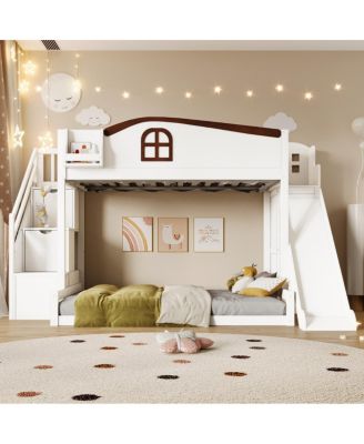 Streamdale Twin over Full Bunk Bed w/Storage Stairs, Shelf, Slide, Wardrobe