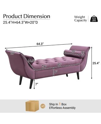 Upholstered Velvet Tufted Ottoman Bench with Rolled Arms and 2 Pillows