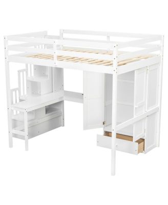 Full Size Loft Wood Bed with Desk, Shelves, Wardrobe, Staircase