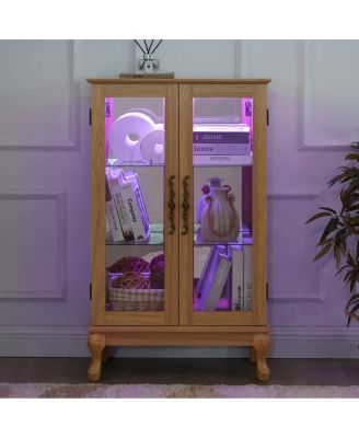 Elegant Light Oak Curio Cabinet with Glass Doors, LED