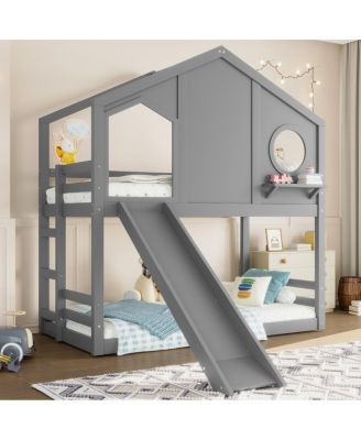 Twin House Bunk Bed with Slide & Storage Shelves, Solid Wood Loft Bed