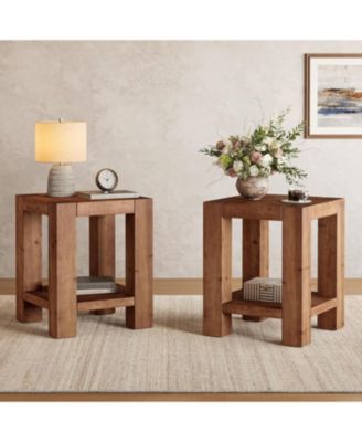 19.69" Solid Wood Side Table Set of 2, Farmhouse 2-Tier End Table with Storage Shelves