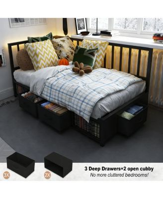 Corner Bed Frame Twin Daybed with Storage Drawers & LED Light