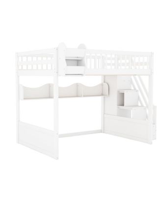Queen Size Wooden Loft Bed with Staircase, Wardrobe & Storage