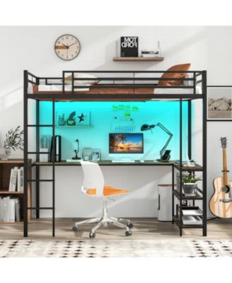 Twin Size Loft Bed Raised Platform Bed with Desk and 2 Storage Shelves