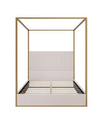 Modern Luxury Metal Canopy Bed with Corduroy Headboard