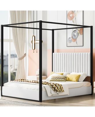 Queen Size Upholstery Canopy Platform Bed with Headboard and Metal Frame