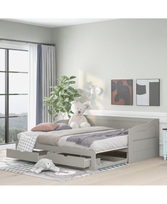 Wooden Daybed with Trundle & Storage Drawers, Extendable Sofa Bed