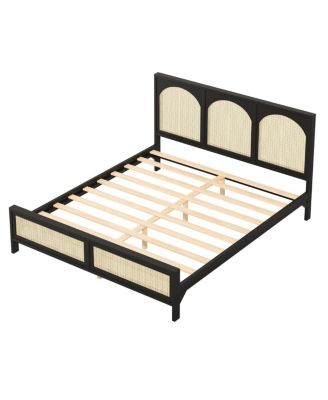 King Size Wood Platform Bed with Rattan Headboard 