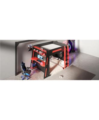 Wooden Gaming Bunk Bed with Desk, USB & LED Lights