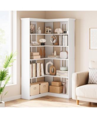 72" L-Shaped Corner Bookshelf - 5-Tier Wood Bookcase with Anti-Tip Design, Rustic Freestanding Storage Shelf for Living Room or Office