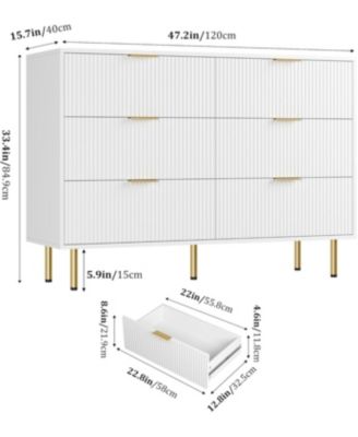 6 Drawer Dresser for Bedroom Chest of Drawers, 47" Wide Fluted Dresser with Drawers, Modern Wooden Double Dressers with Metal Handles