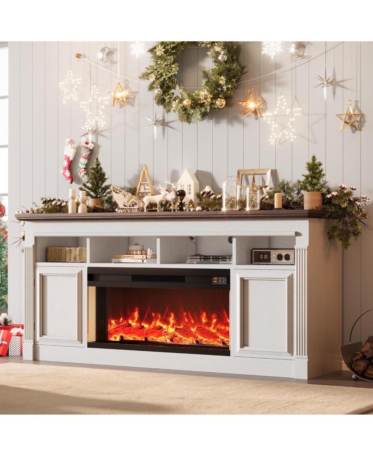 gaomon Farmhouse Fireplace Tv Stand, Entertainment Center with Open Storage Cabinets for TVs - white