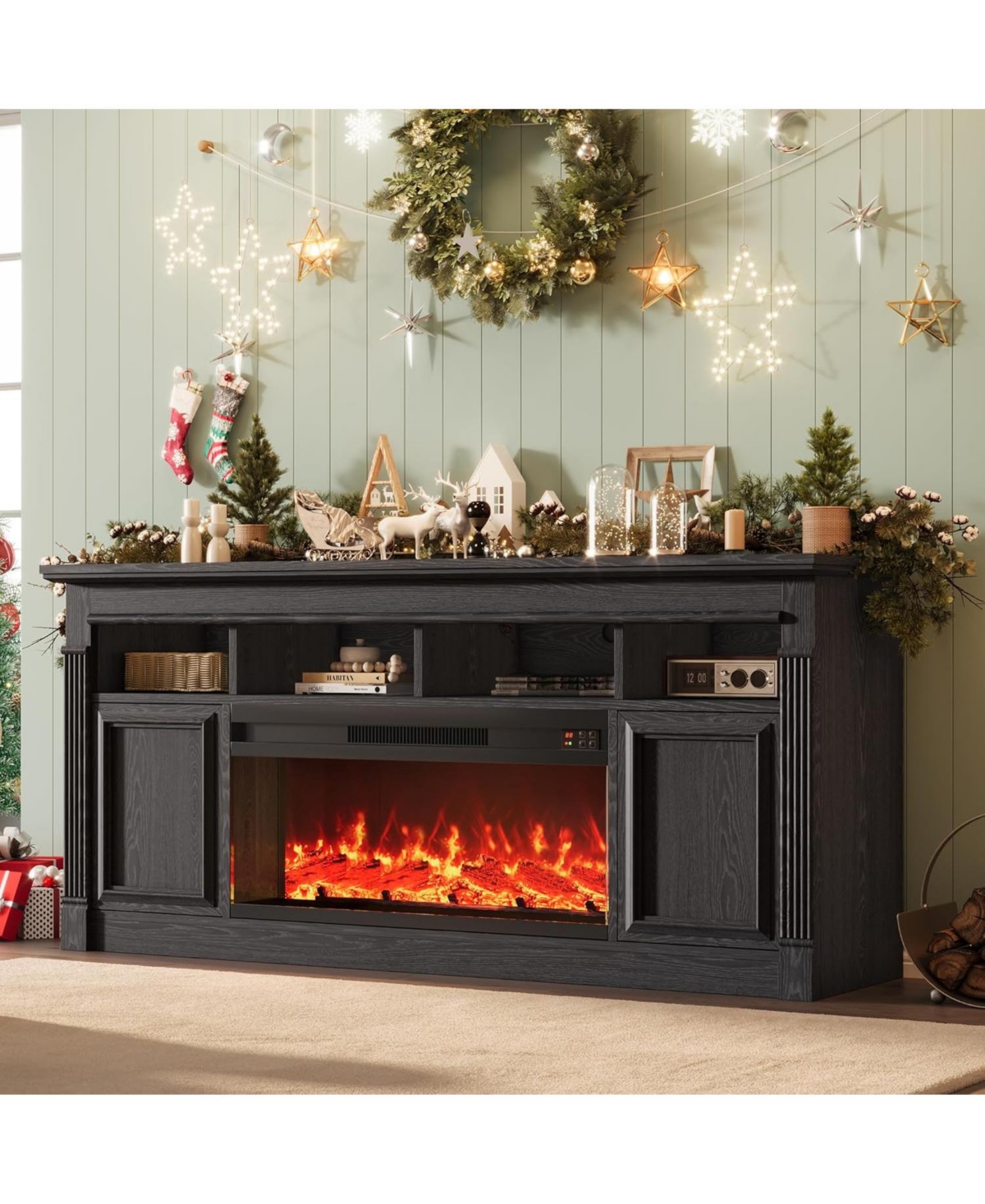 gaomon Farmhouse Fireplace Tv Stand, Entertainment Center with Open Storage Cabinets for TVs