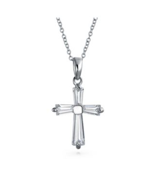 Elegant Small Minimalist Baguette-Cut Cubic Zirconia Religious Cross Pendant Necklacet .925 Sterling Silver