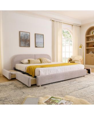 King Size Upholstered Bed Frame, Modern Minimalist Style, Curved Headboard, Drawer Storage