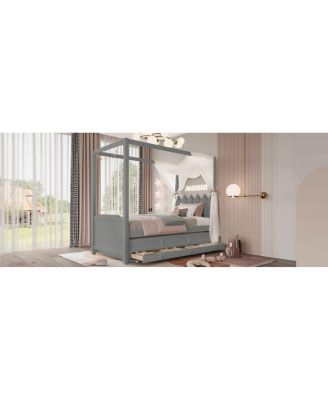 Twin Platform Bed with Upholstered Headboard, Trundle, 3 Drawers & Canopy