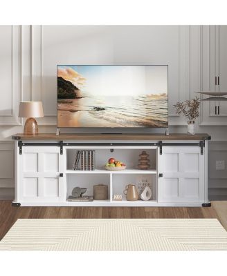 Farmhouse TV Stand for 75 Inch TV, Entertainment Center with Storage Cabinets and Sliding Barn Doors