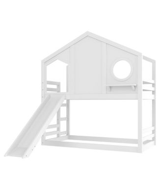 Twin House Bunk Bed with Slide & Storage Shelves, Solid Wood Loft Bed