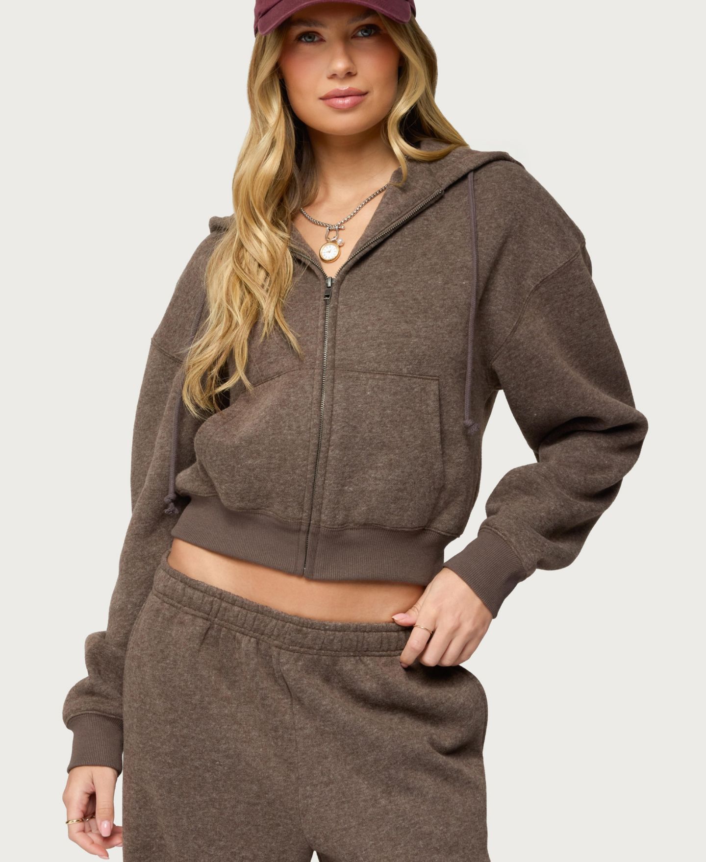 Женское худи Edikted Sweatshirts Laulie Zip Up, цвет: Коричневый — фото 1