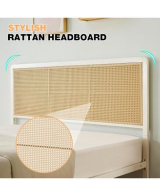 Queen Size Rattan Bed Frame with headboard, modern boho cane design, sturdy steel slat support, no box spring needed.