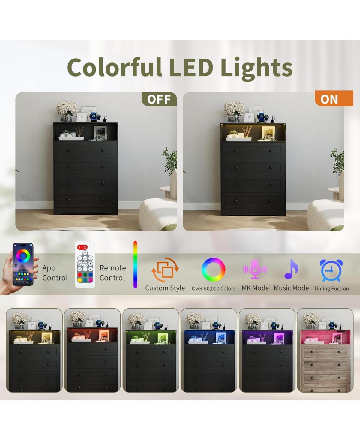 gaomon Tall Dresser for Bedroom with Led Lights & Charging Station, 4 Drawer Wood Chest of Drawers for Closet, Living Room, Hallway