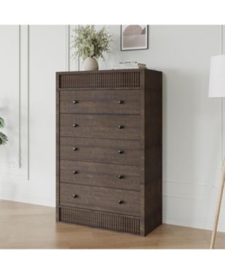 Tall 5 Drawer Fluted Dresser Wide Wooden Storage Cabinet for Bedroom, Living Room