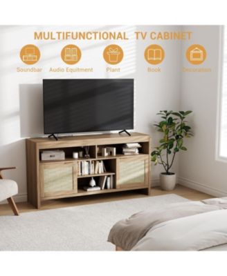 30" Tall Rattan TV Console Cabinet with Storage，Entertainment Center Media Console for 45-65" TV Living Room ，30 in Tall Oak Wood Television