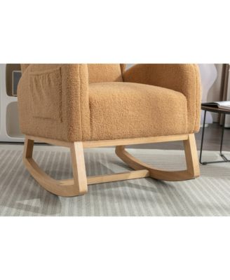 Khaki Teddy Fabric Rocking Chair with Wooden Frame Legs Built in Packet Ergonomic Backrest 300 LBS Capacity for Living Room Bedroom