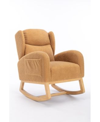 Khaki Teddy Fabric Rocking Chair with Wooden Frame Legs Built in Packet Ergonomic Backrest 300 LBS Capacity for Living Room Bedroom