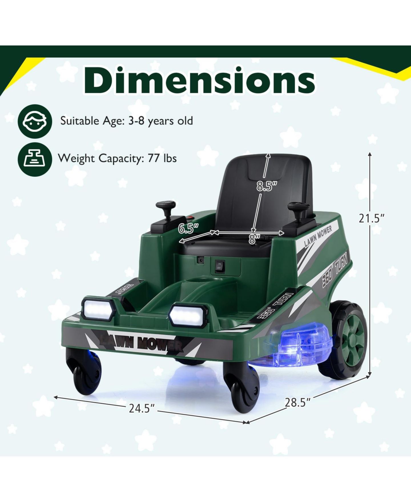Детская игрушка Mecale 12V LED Lights 360-Degree Spin Ride-On Lawn Mower, Ages 3+, цвет: Зелёный — фото 3