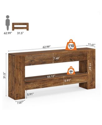 63-Inch Solid Wood Console Table, Farmhouse Entryway Table with 2-Tier Storage Shelf, Rustic Wood Narrow Long Sofa Table Behind Couch