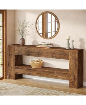 63-Inch Solid Wood Console Table, Farmhouse Entryway Table with 2-Tier Storage Shelf, Rustic Wood Narrow Long Sofa Table Behind Couch