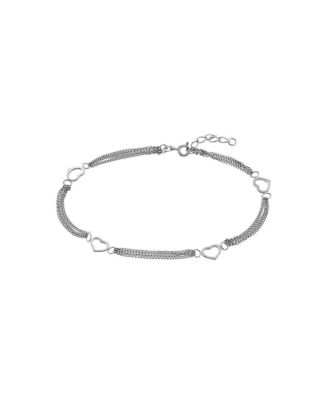 925 Sterling 10 Inch Rhodium Plated Open Love Heart 4 Station 3 Row Anklet Anklet